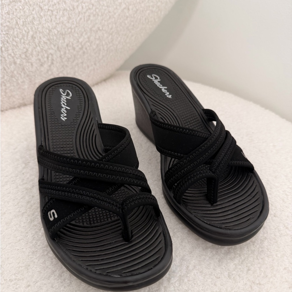 Skechers Black Cross-Strap Wedge Sandals